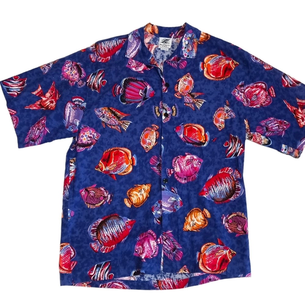 LARGE Vintage Fast Lane Mens Tropical Short Sleeve Shirt Blue Red Fish Luau